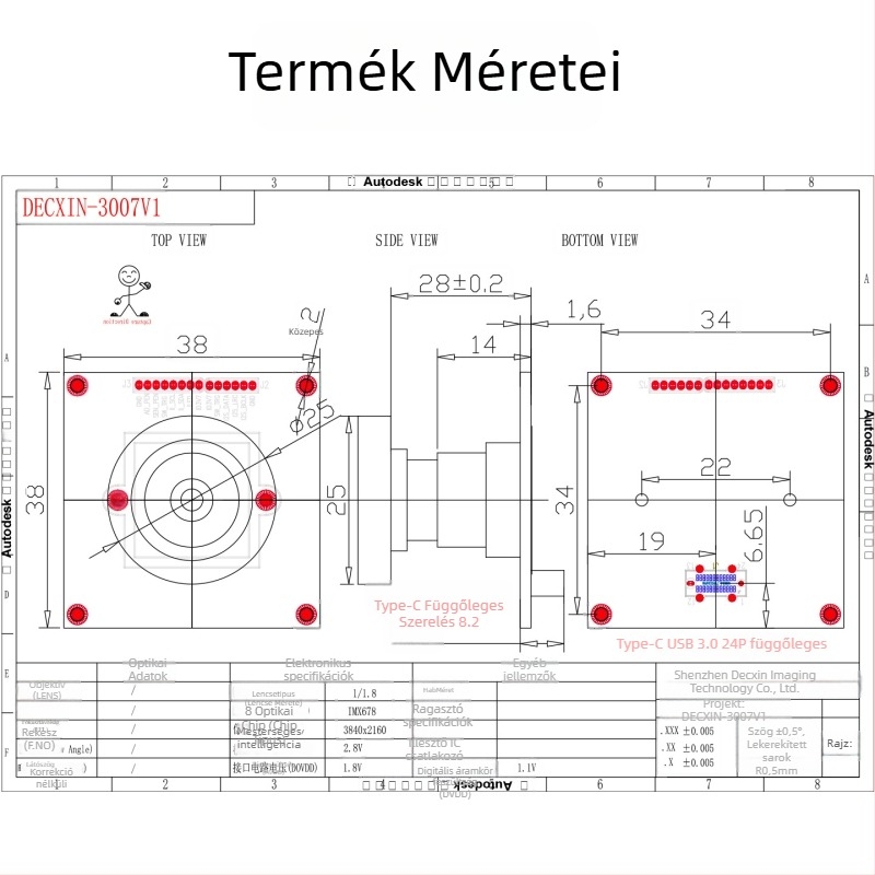 Ipari USB kamera modul IMX678 – 8MP, 4K, 60FPS, USB 3.0, manuális fókusz