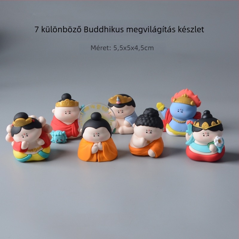 Amitábha Buddha és Guanyin karikatúra szobor gyantából, autó belső dekorációhoz