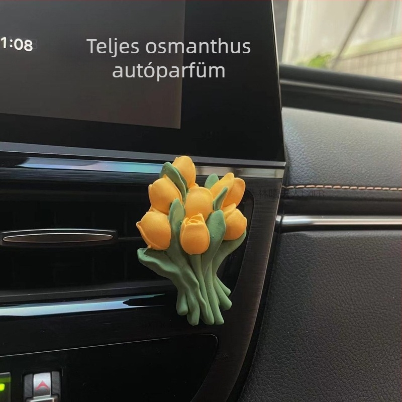 Osmanthus autó aromaterápia – kör alakú illatosító dekoráció gipsz alapú illatkővel, 5–10 ml, virágos jegyek, testreszabható