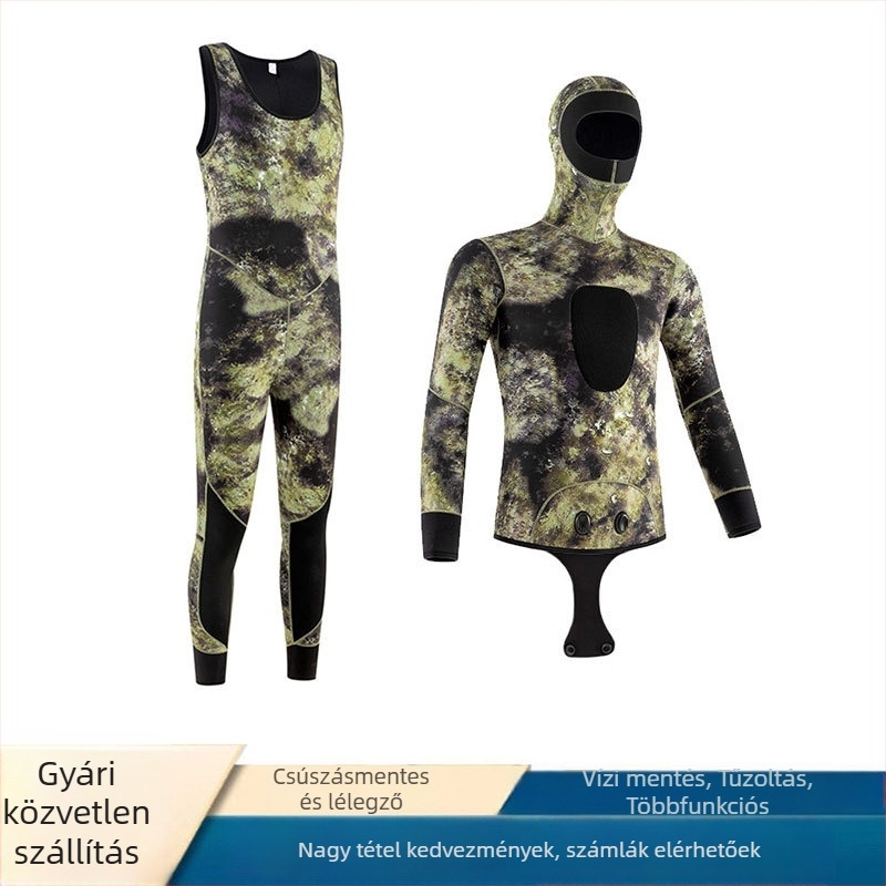 Kapucnis 3 mm-es kamuflázs búvárruha – uniszex felnőtt, SBR neoprén
