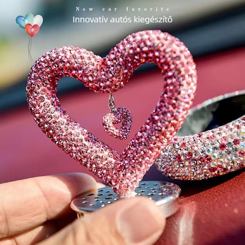 Autóparfüm tartó rhinestone kövekkel, rajzfilmszerű stílus, dupla szív alakú, középkonzolhoz