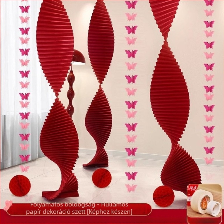 Esküvői helyszíni dekoráció: origami papír vízesés szalagos díszítéssel