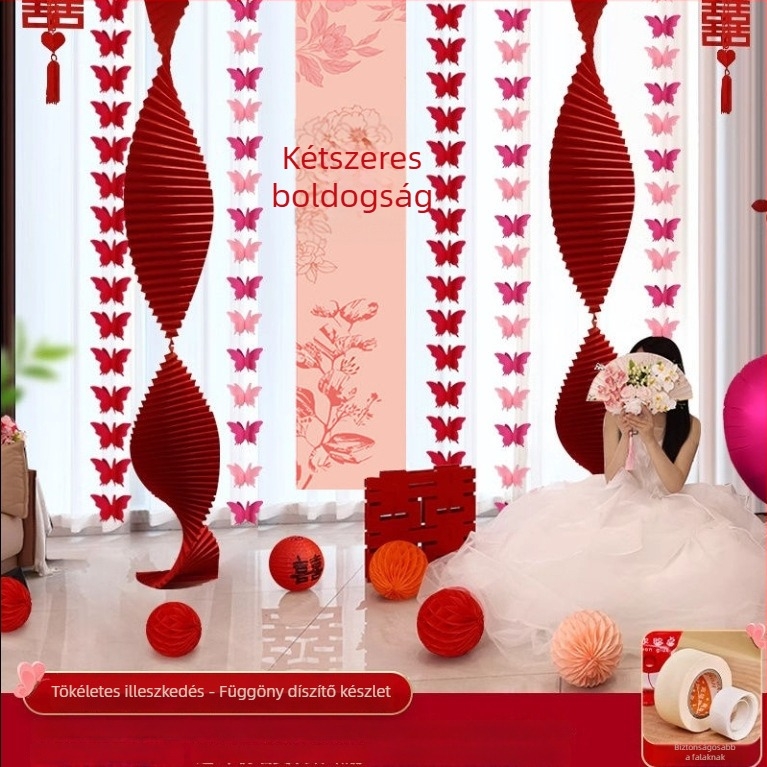 Esküvői helyszíni dekoráció: origami papír vízesés szalagos díszítéssel