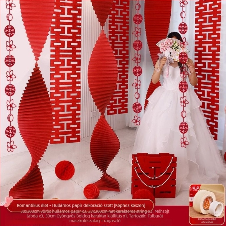 Esküvői helyszíni dekoráció: origami papír vízesés szalagos díszítéssel