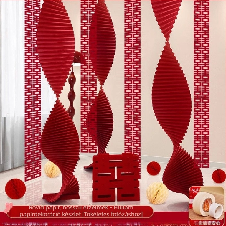 Esküvői helyszíni dekoráció: origami papír vízesés szalagos díszítéssel