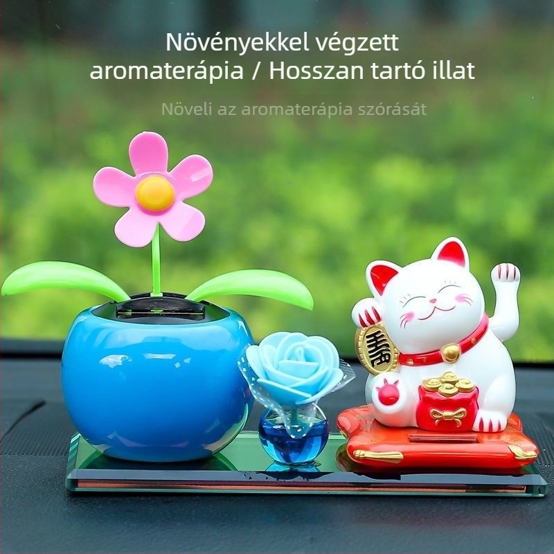 Napelemes Szerencse Macska autódísz napraforgó illatosító tartóval, műanyagból, kínai hagyományos stílus, Haihui márka