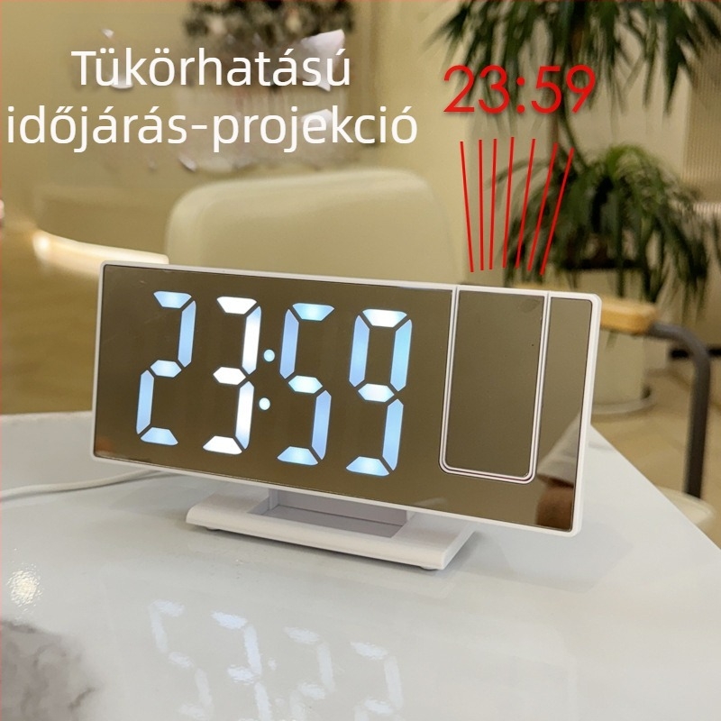 Projekciós óra LED nagy kijelzővel, tükrös felülettel, örök naptár és ébresztő