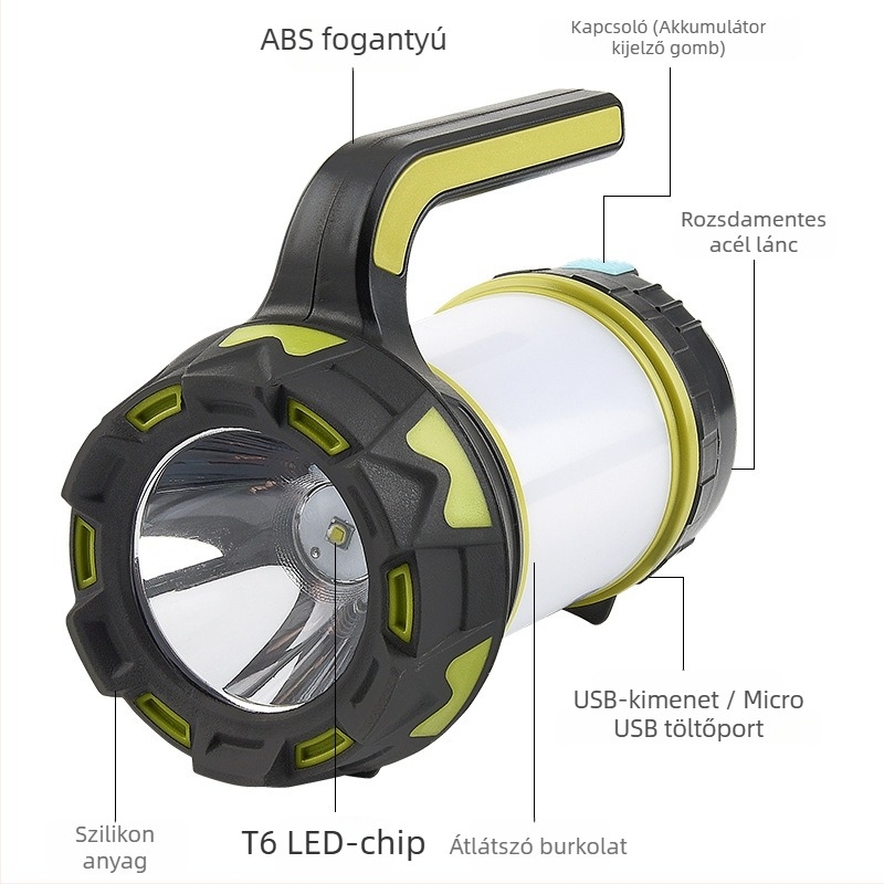 LED elemlámpa kézi töltéssel, 3000mAh akkumulátor, ABS tokozás, kültéri vészvilágítás kempingezéshez (fény sugara 200–500 m)
