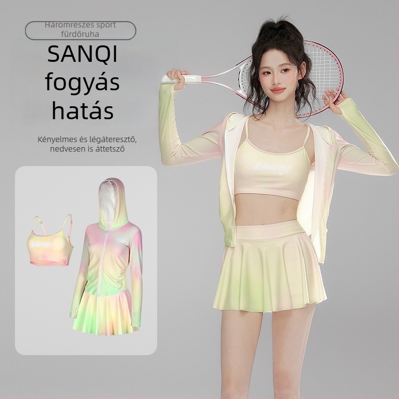 Sanqi háromrészes úszónemű készlet, hosszú ujjú, szoknyás fazon, Nylon 82% anyag, nyaralásokhoz és termálfürdőkhez