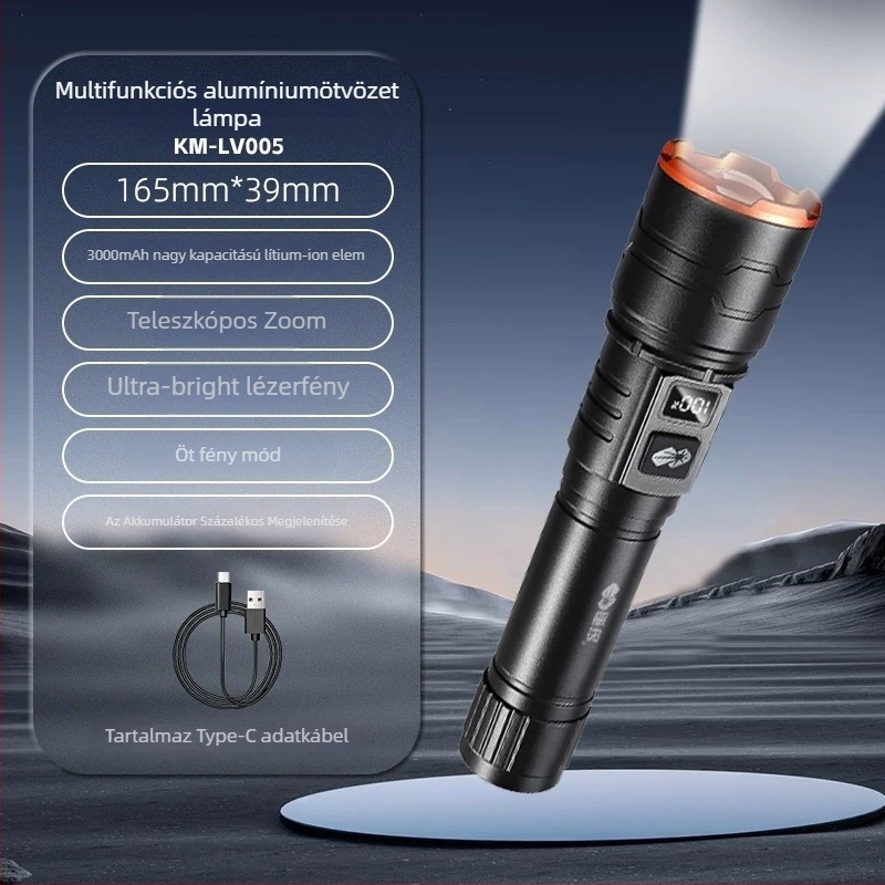 Alumíniumötvözetű LED zseblámpa, 15W, 3000mAh, 360° forgás