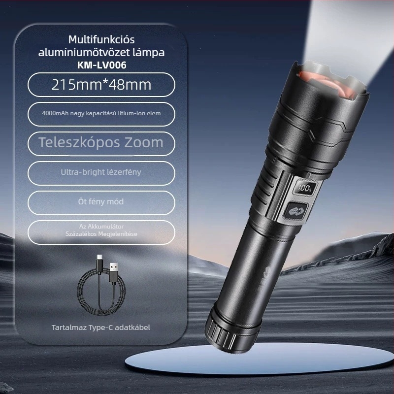 Alumíniumötvözetű LED zseblámpa, 15W, 3000mAh, 360° forgás
