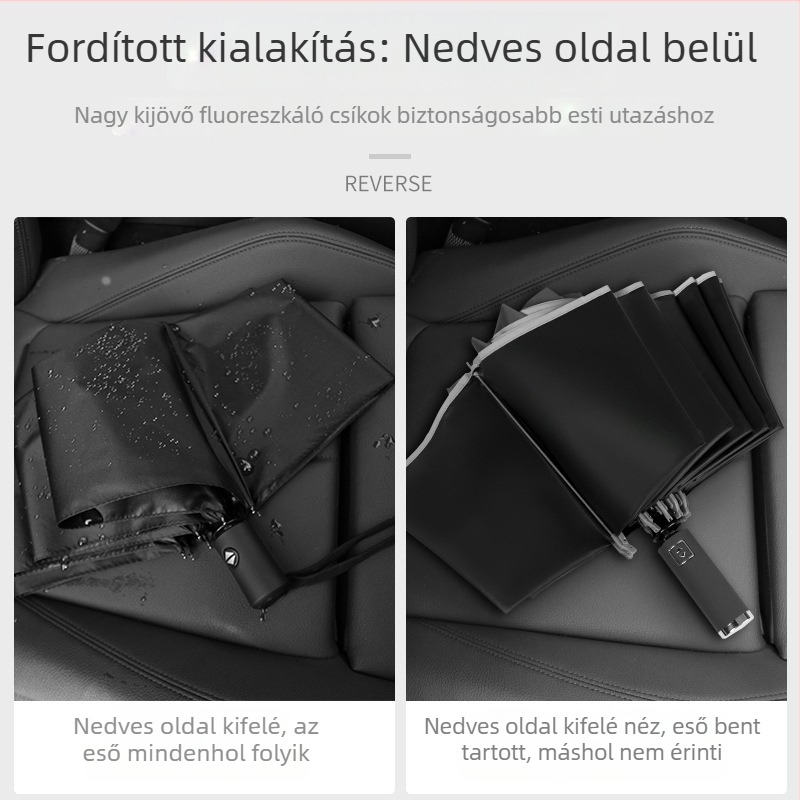 Jiuyu alumínium ötvözetből készült visszafordítható esernyő, 10 bordával, automata nyitás-zárás, szélálló, UPF > 40, autóhoz