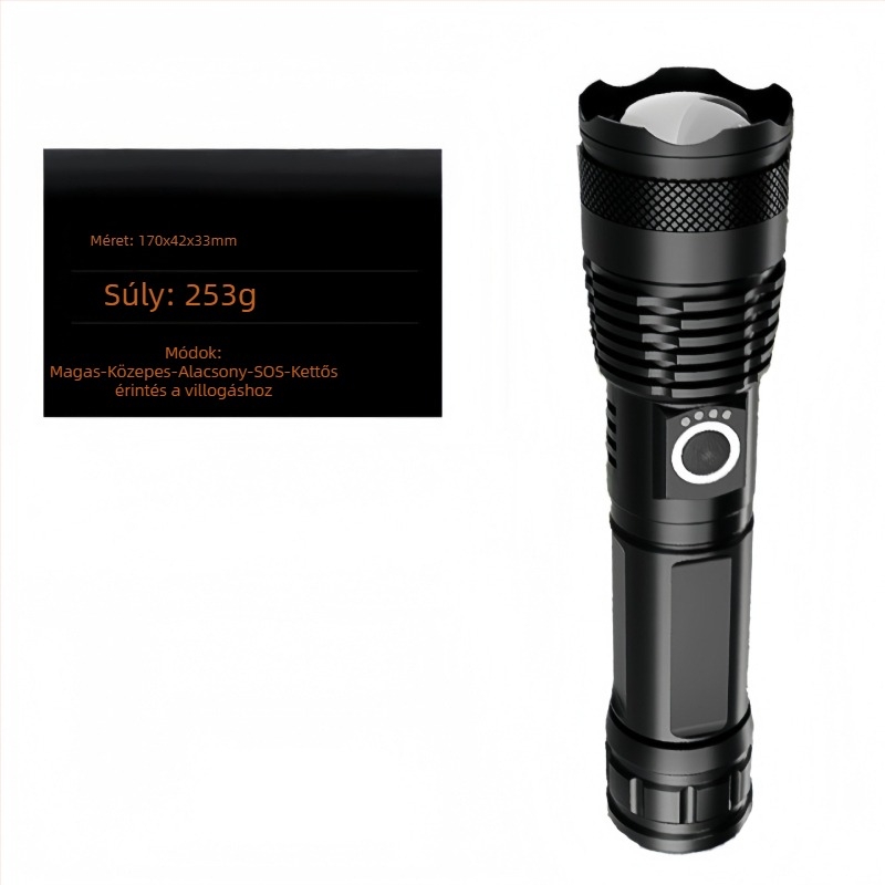 Állítható alumínium ötvözetű USB újratölthető elemlámpa, energiajelzővel, Type-C töltés, 5000mAh, 10W, kinyíló zoom