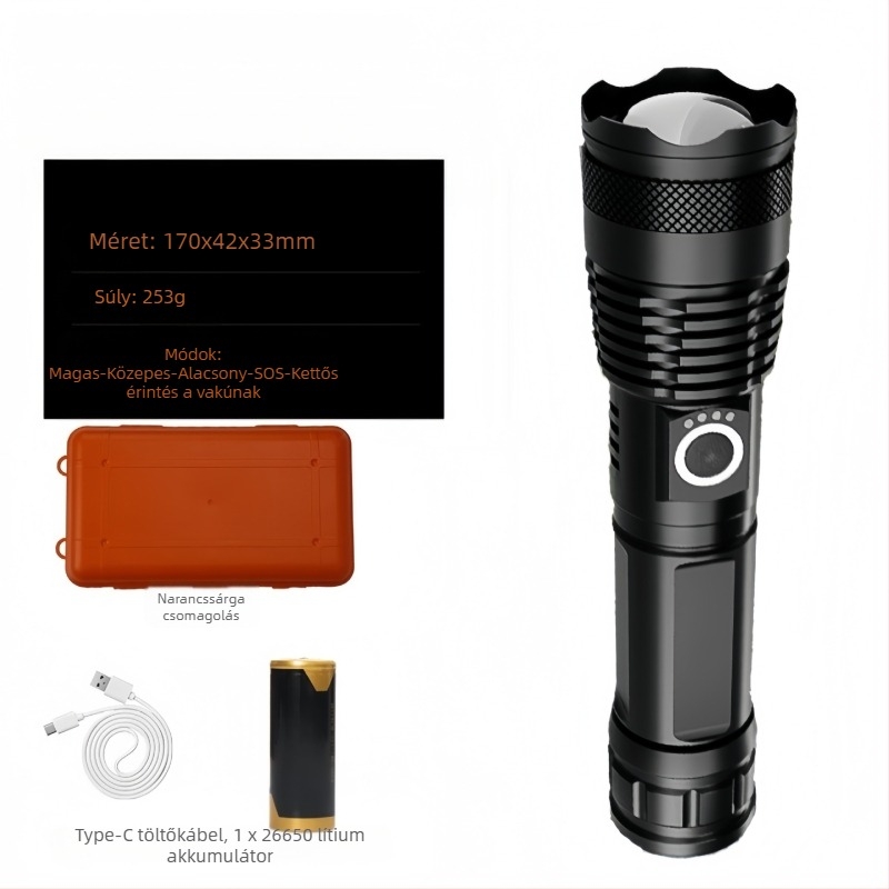 Állítható alumínium ötvözetű USB újratölthető elemlámpa, energiajelzővel, Type-C töltés, 5000mAh, 10W, kinyíló zoom