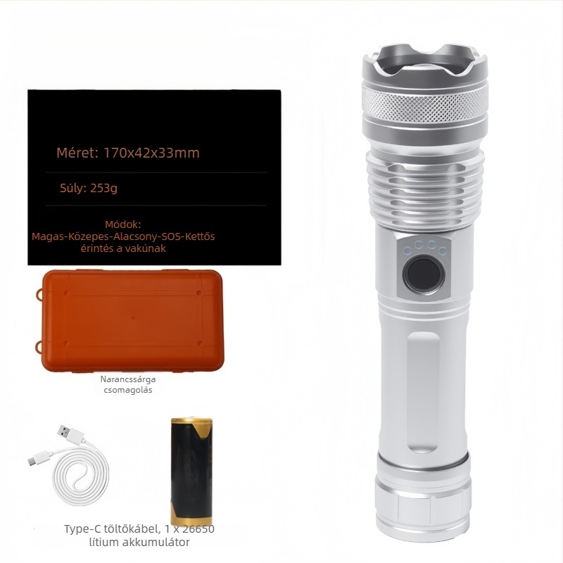 Állítható alumínium ötvözetű USB újratölthető elemlámpa, energiajelzővel, Type-C töltés, 5000mAh, 10W, kinyíló zoom