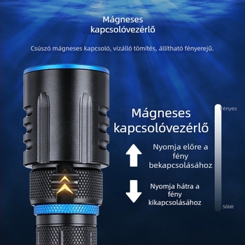 XHP50 LED elemlámpa, fix fókusz, mágneses kapcsoló, 18650 2500mAh akkumulátor, 20W, búvárkodáshoz vízálló