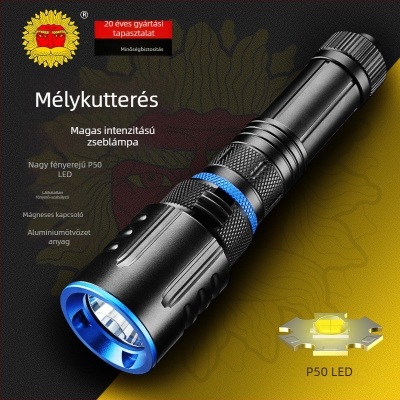 XHP50 LED elemlámpa, fix fókusz, mágneses kapcsoló, 18650 2500mAh akkumulátor, 20W, búvárkodáshoz vízálló