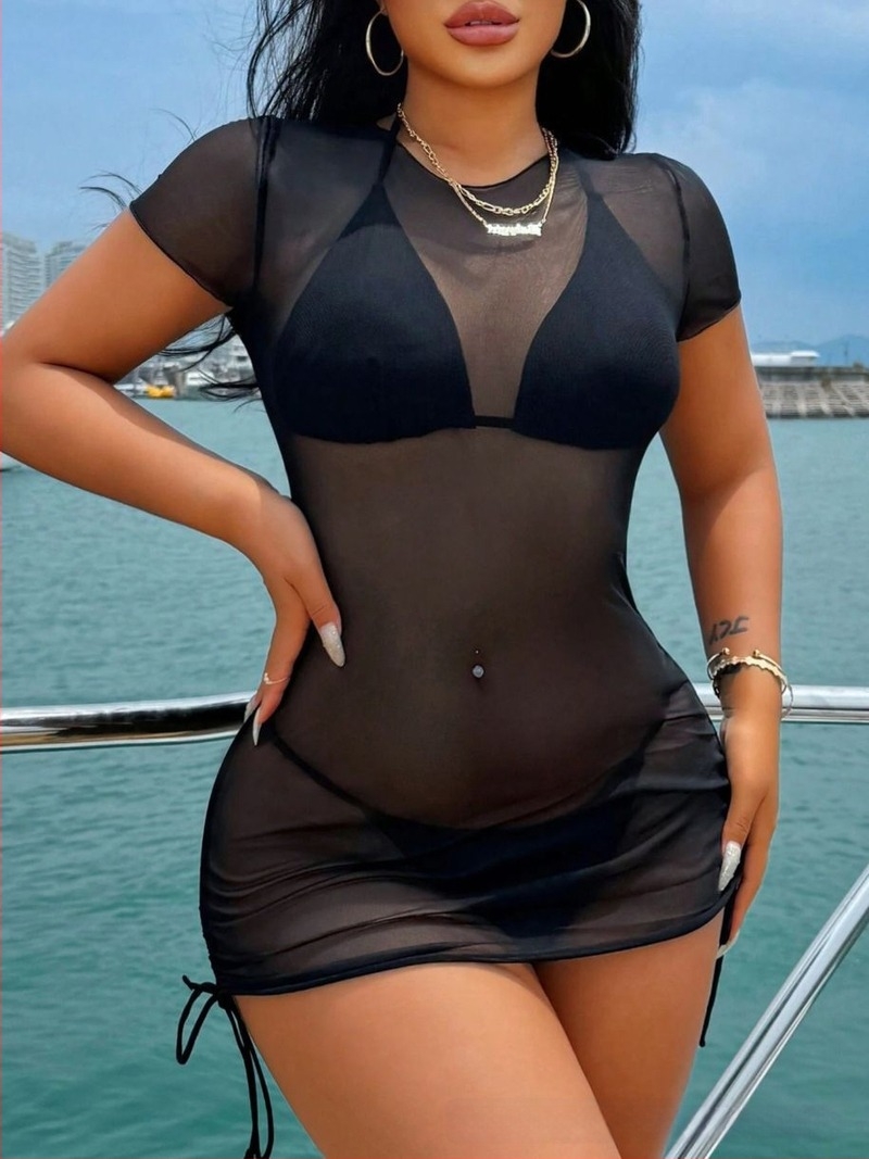 Strandfedő ruha hálós anyagból, napvédő a bikini felett; kerek nyakú; 90% poliészter, bélés 10% spandex; súly 80 g/m²