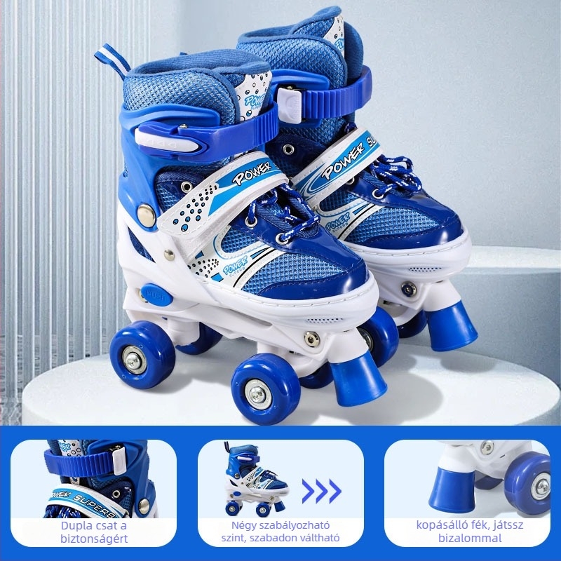 Shanghao gyerek görkorcsolya 3–12 éveseknek, kezdőbarát, PU+mesh felsőrész, TPR talp, dupla soros kerekek, ABS kerekek