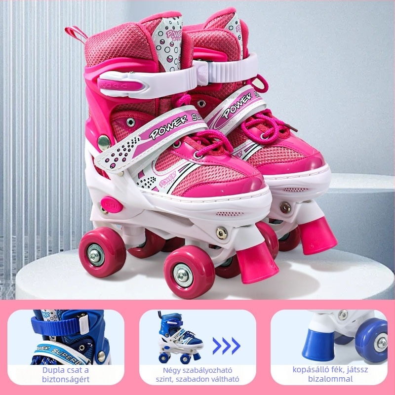 Shanghao gyerek görkorcsolya 3–12 éveseknek, kezdőbarát, PU+mesh felsőrész, TPR talp, dupla soros kerekek, ABS kerekek