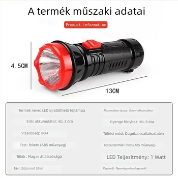 Könnyen hordozható, újra tölthető LED zseblámpa kültéri használatra – 1W, 400mAh, 50–100 m hatótávolság, 5 órás üzemidő