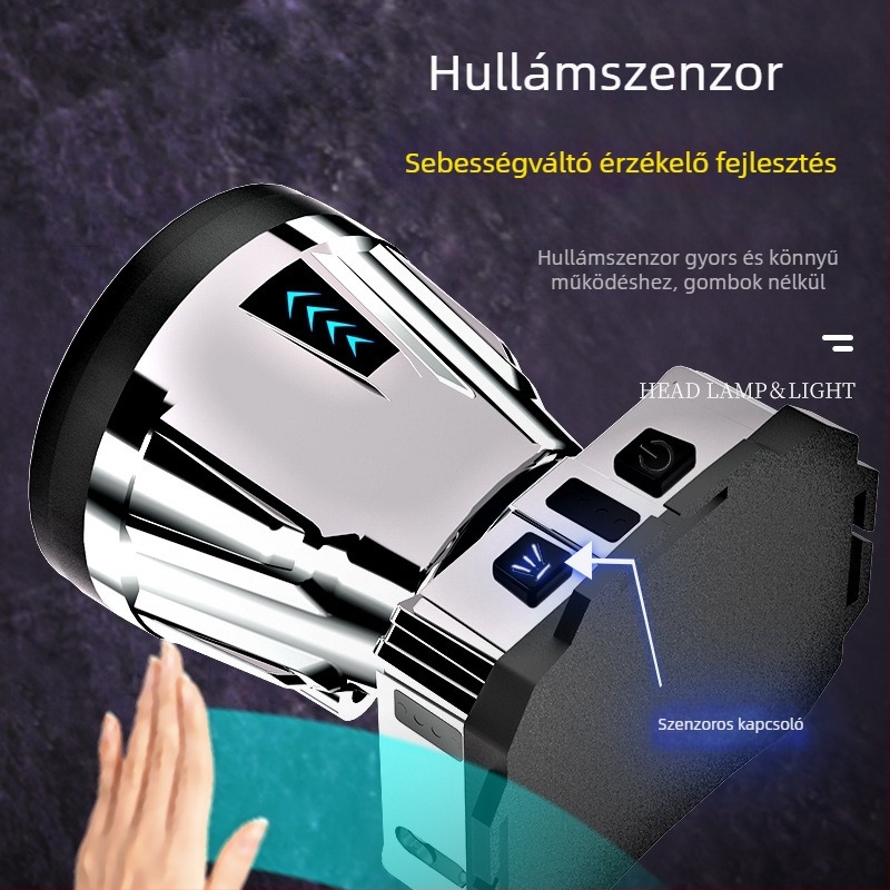 LED fejlámpa, újratölthető, vízálló, 2000mAh, 200–500 m hatótáv