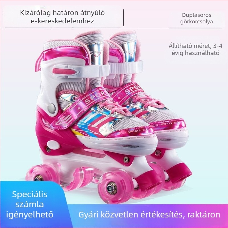 Állítható sebességű dupla soros görkorcsolyák gyermekeknek, négykerekű, fényes dizájn