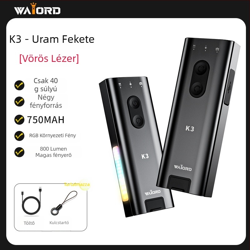 K3 Multifunkcionális hordozható mini zseblámpa – alumíniumötvözet test, LED fényforrás, teljesítmény 5W, akkumulátor kapacitás 750, hatótávolság 100–200m