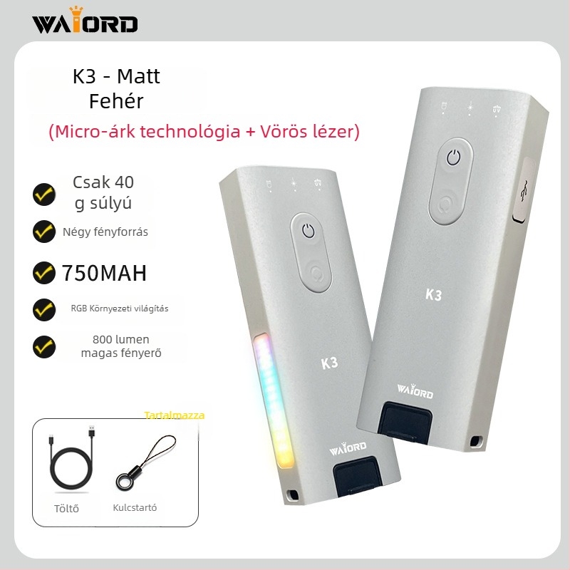 K3 Multifunkcionális hordozható mini zseblámpa – alumíniumötvözet test, LED fényforrás, teljesítmény 5W, akkumulátor kapacitás 750, hatótávolság 100–200m