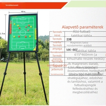 Hordozható futball-taktikai tábla mágneses homoktálcával, kihúzható tollal és edzői állvánnyal