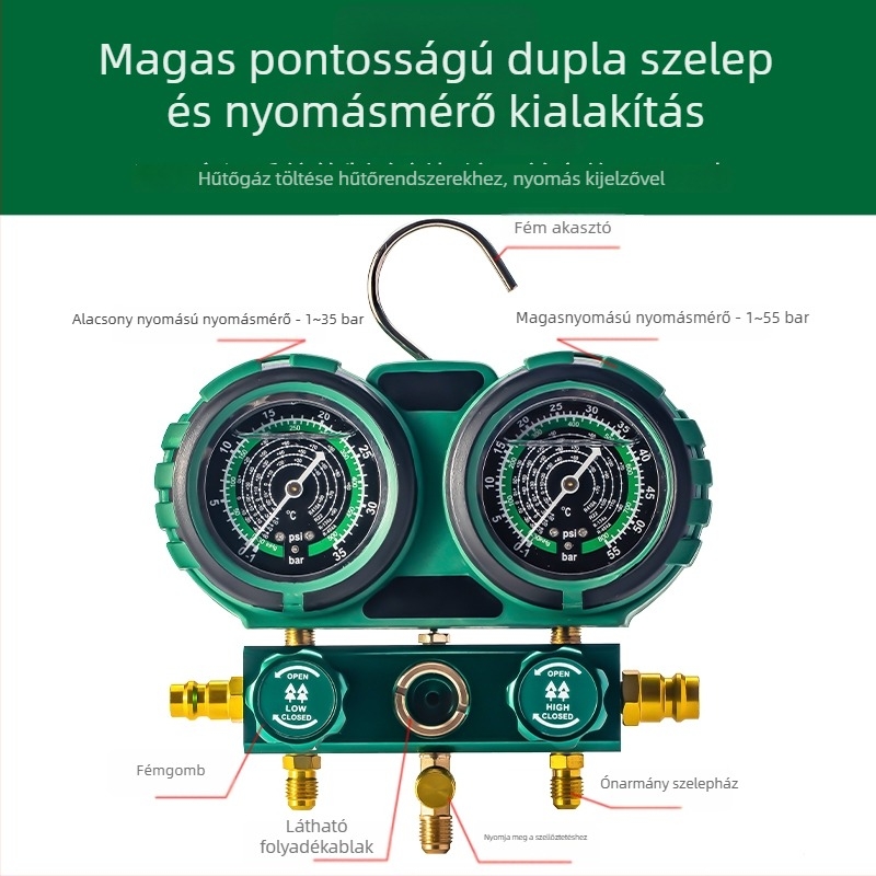 Autóklíma diafragma nyomásmérő készlet R134a hűtőközeghez, kettős nyomásmérő R22/R410