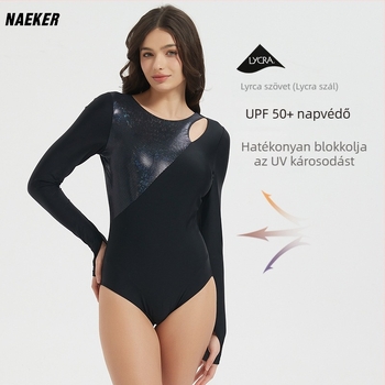 Női egyrészes fürdőruha hosszú ujjú nappvédővel, gyorsan száradó, mellkaspárnával, Lycra (82% nylon, 18% spandex), 200 g, úszáshoz, snorkelzéshez és szörfözéshez
