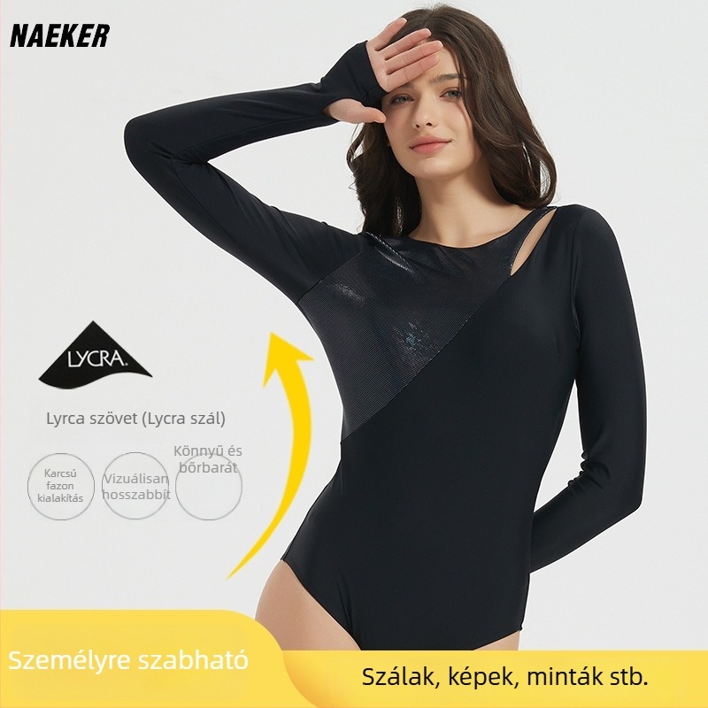 Női egyrészes fürdőruha hosszú ujjú nappvédővel, gyorsan száradó, mellkaspárnával, Lycra (82% nylon, 18% spandex), 200 g, úszáshoz, snorkelzéshez és szörfözéshez