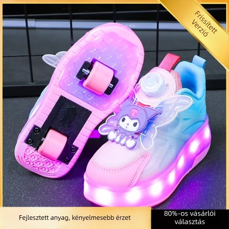 Lányok Heelys görkorcsolyás cipő, kettős kerékkel és fényekkel, 2024 tavasz, felső rész hálóanyagból, kapcsos zárás, karikatúra mintázat