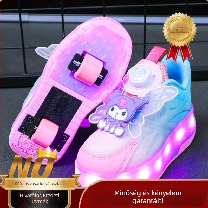 Lányok Heelys görkorcsolyás cipő, kettős kerékkel és fényekkel, 2024 tavasz, felső rész hálóanyagból, kapcsos zárás, karikatúra mintázat