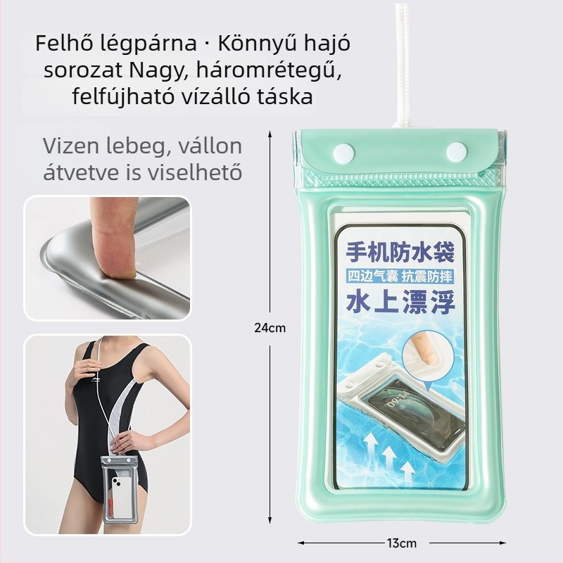 Felfújható vízálló telefon tok érintőképernyővel, úszáshoz, búvárkodáshoz és raftinghoz; átlátszó zárható tok