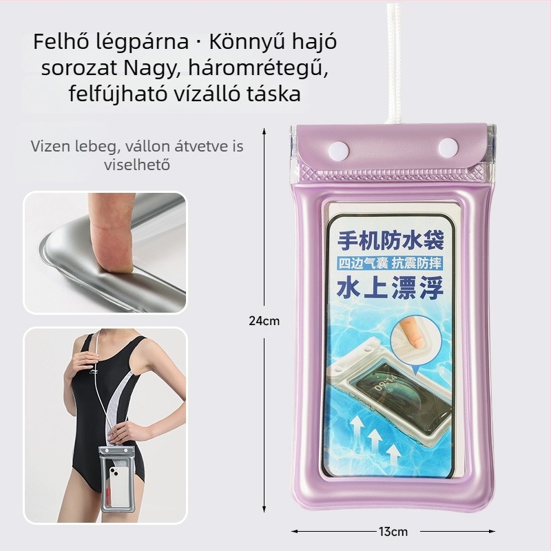 Felfújható vízálló telefon tok érintőképernyővel, úszáshoz, búvárkodáshoz és raftinghoz; átlátszó zárható tok