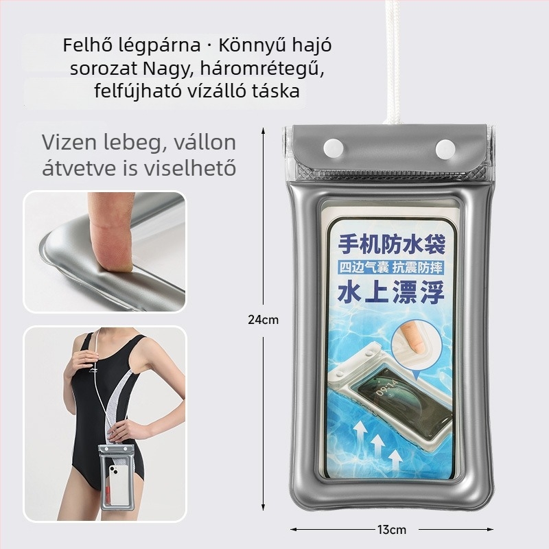 Felfújható vízálló telefon tok érintőképernyővel, úszáshoz, búvárkodáshoz és raftinghoz; átlátszó zárható tok
