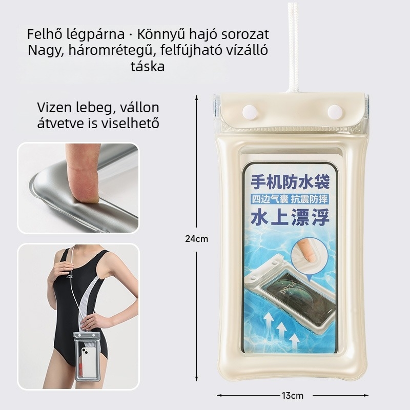 Felfújható vízálló telefon tok érintőképernyővel, úszáshoz, búvárkodáshoz és raftinghoz; átlátszó zárható tok