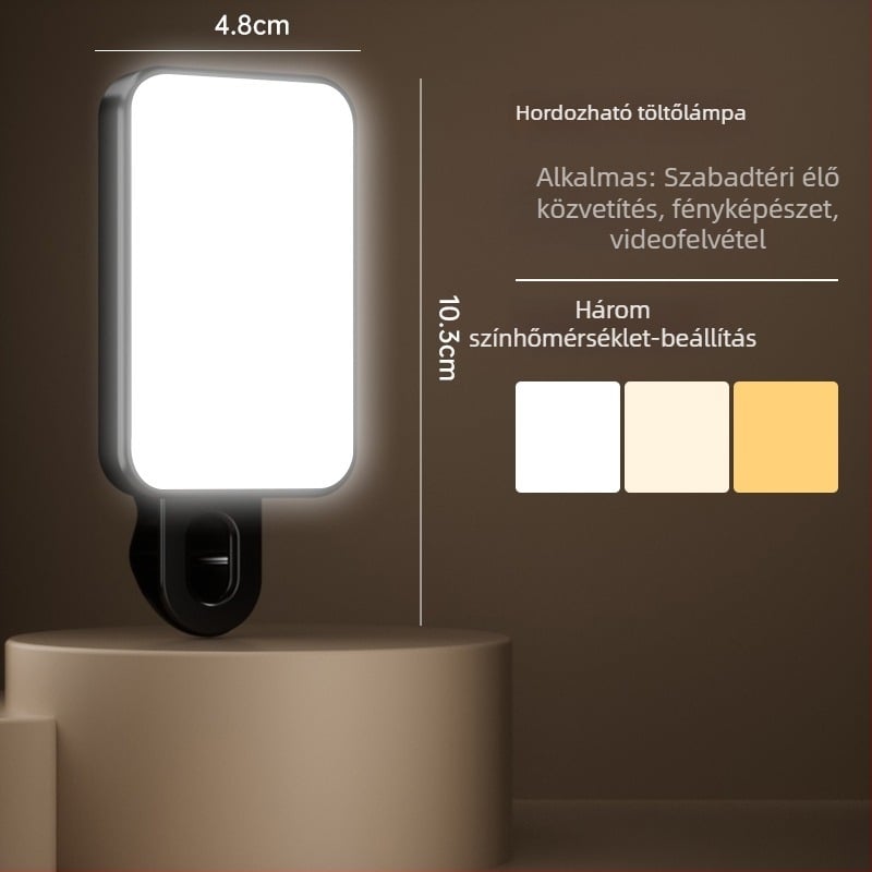 Kompakt telefonhoz tartozó kiegészítő fény – Szelfihez, videóhoz és kültéri használatra – 4,8W, 2700–3500K meleg fény, 3 színhőmérséklet, kézben tartható, modell Bgd-dy