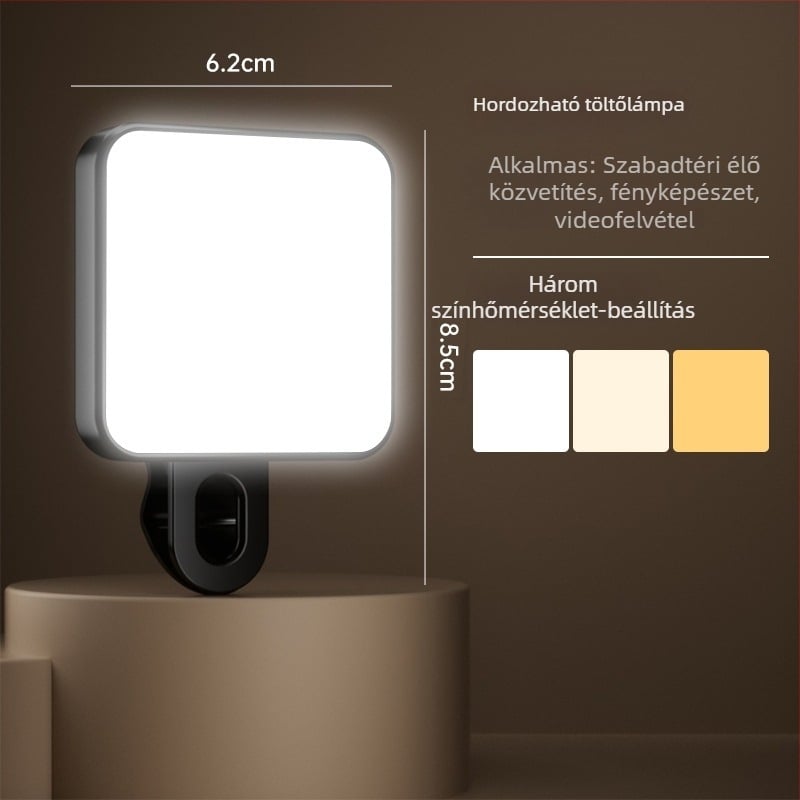 Kompakt telefonhoz tartozó kiegészítő fény – Szelfihez, videóhoz és kültéri használatra – 4,8W, 2700–3500K meleg fény, 3 színhőmérséklet, kézben tartható, modell Bgd-dy