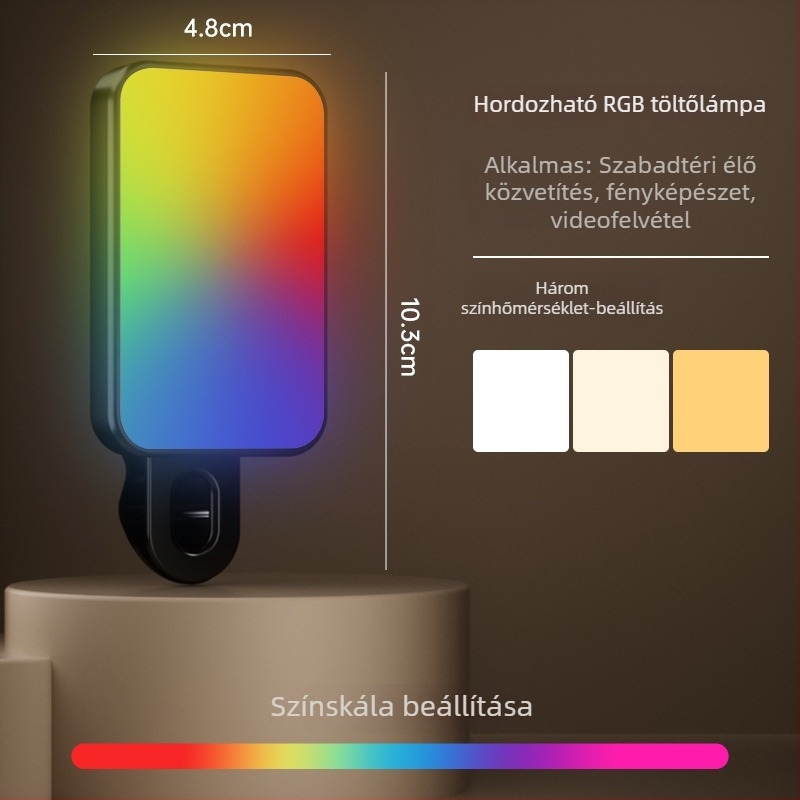 Kompakt telefonhoz tartozó kiegészítő fény – Szelfihez, videóhoz és kültéri használatra – 4,8W, 2700–3500K meleg fény, 3 színhőmérséklet, kézben tartható, modell Bgd-dy