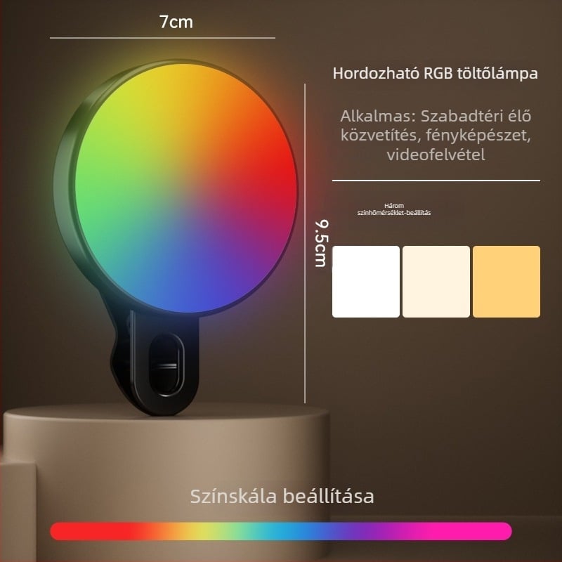 Kompakt telefonhoz tartozó kiegészítő fény – Szelfihez, videóhoz és kültéri használatra – 4,8W, 2700–3500K meleg fény, 3 színhőmérséklet, kézben tartható, modell Bgd-dy