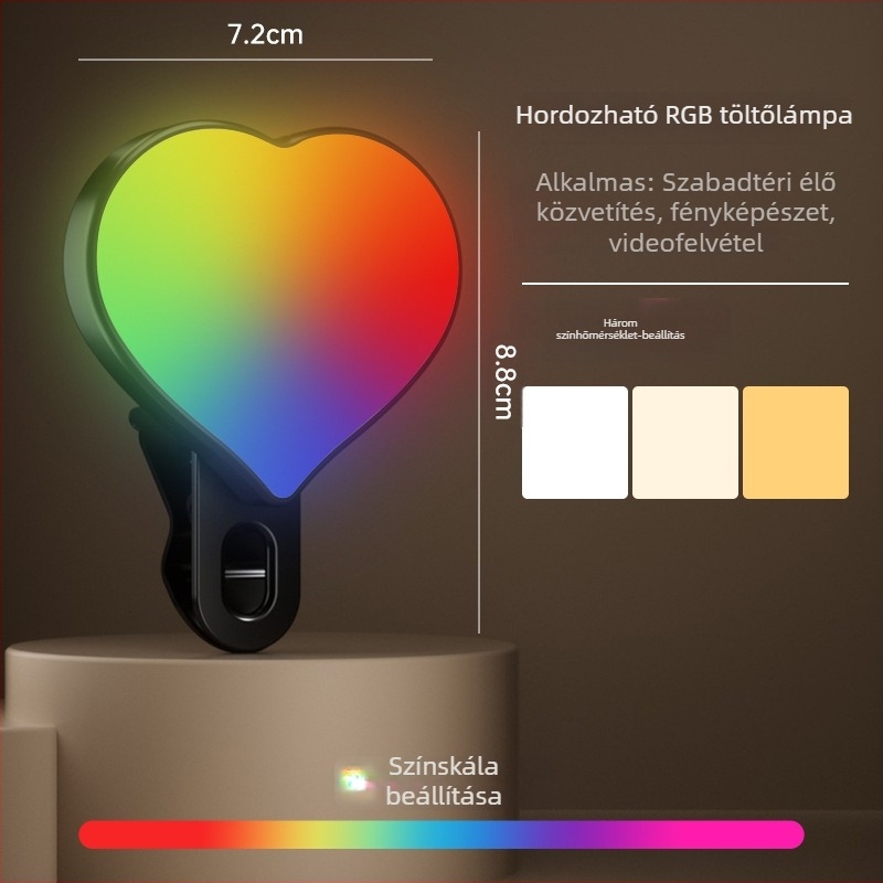 Kompakt telefonhoz tartozó kiegészítő fény – Szelfihez, videóhoz és kültéri használatra – 4,8W, 2700–3500K meleg fény, 3 színhőmérséklet, kézben tartható, modell Bgd-dy