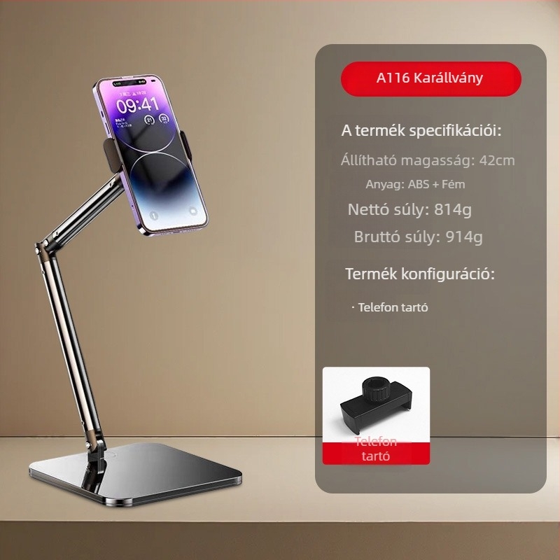 Asztali telefon-tartó élő közvetítéshez – alumíniumötvözet, max terhelés 2 kg, súly 950 g, modell 000865