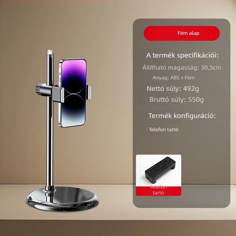 Asztali telefon-tartó élő közvetítéshez – alumíniumötvözet, max terhelés 2 kg, súly 950 g, modell 000865
