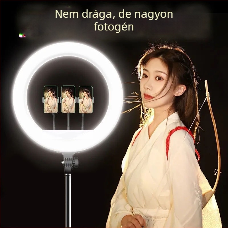 Padlóra álló gyűrűs lámpa élő közvetítéshez telefon tartóval, LED 55–65W, 220V, dimmelhető