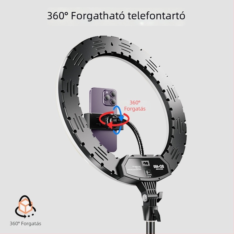 Padlóra álló gyűrűs lámpa élő közvetítéshez telefon tartóval, LED 55–65W, 220V, dimmelhető