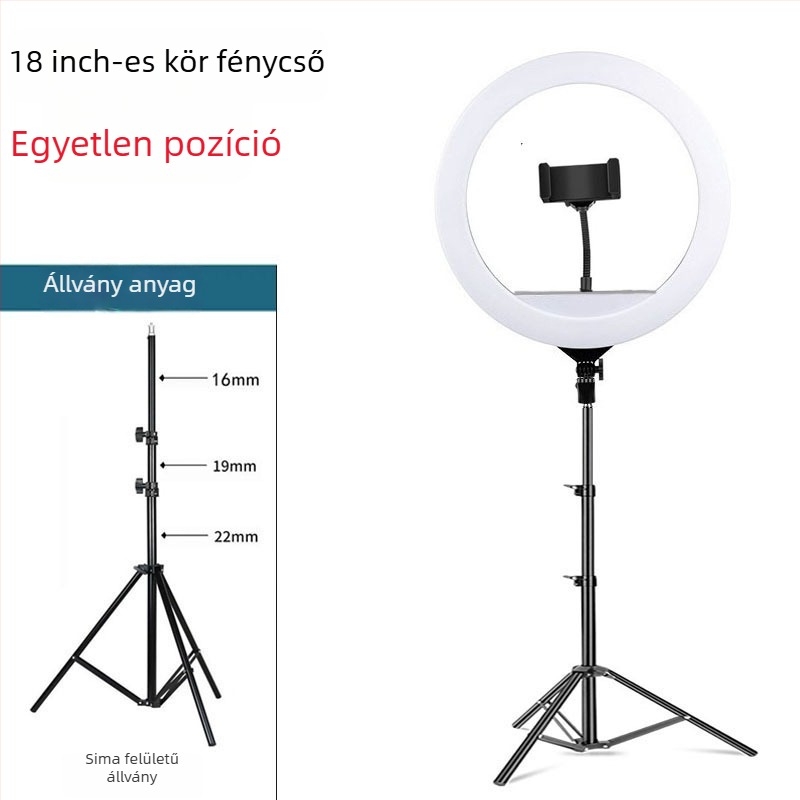 Padlóra álló gyűrűs lámpa élő közvetítéshez telefon tartóval, LED 55–65W, 220V, dimmelhető