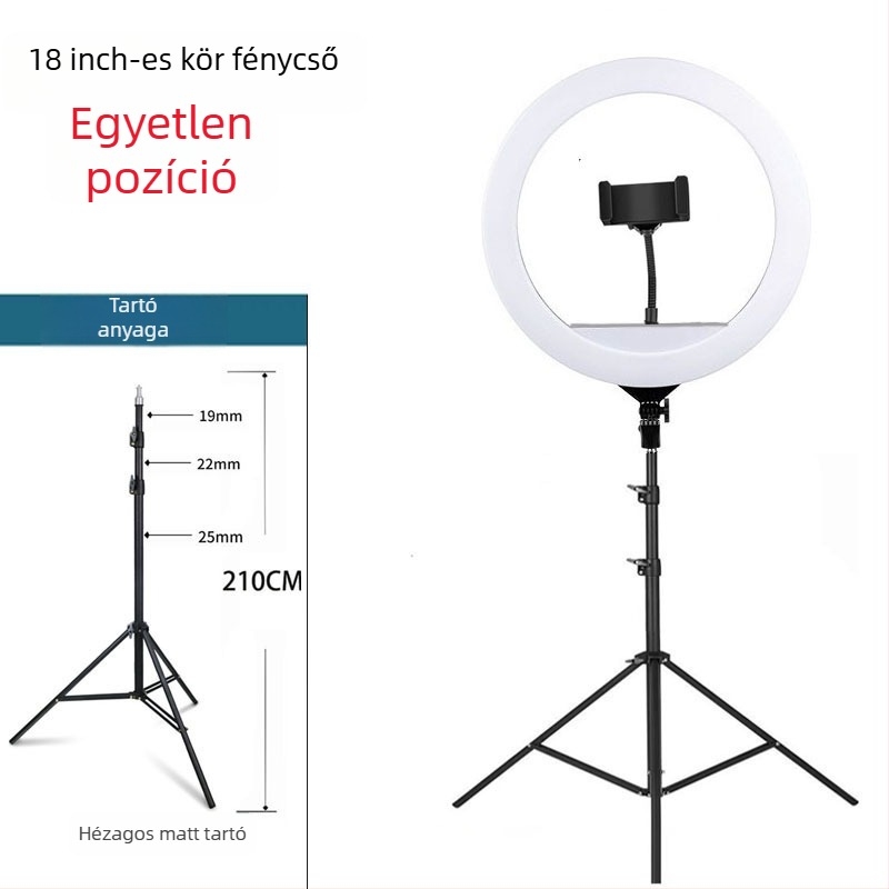 Padlóra álló gyűrűs lámpa élő közvetítéshez telefon tartóval, LED 55–65W, 220V, dimmelhető